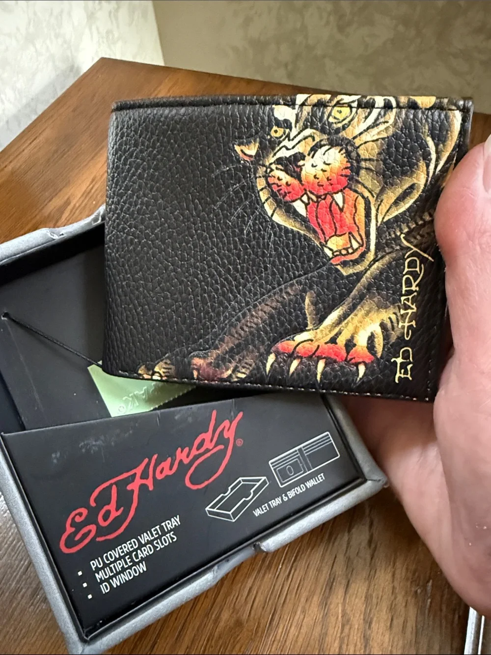 Ed Hardy Black Wallet with Fierce Tiger Artwork. Multiple card slots. ID window.
